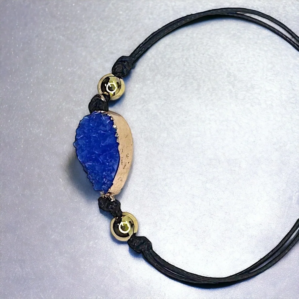 Chic NWOT Black Leather Adjustable Bracelet with Dazzling Gold & Blue Charm